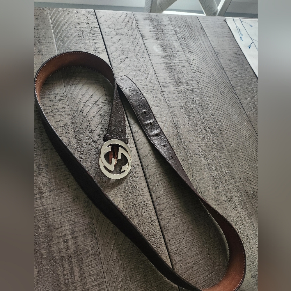 Brown Gucci Leather Belt with Silver Buckle